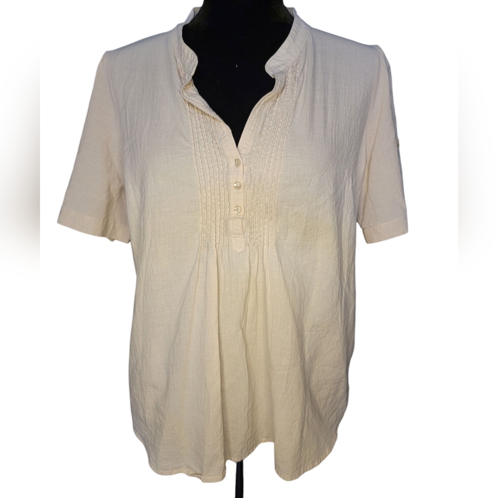 H&M Women's Cream Button-Up Y-Neck Top 100% Cotton Size 16